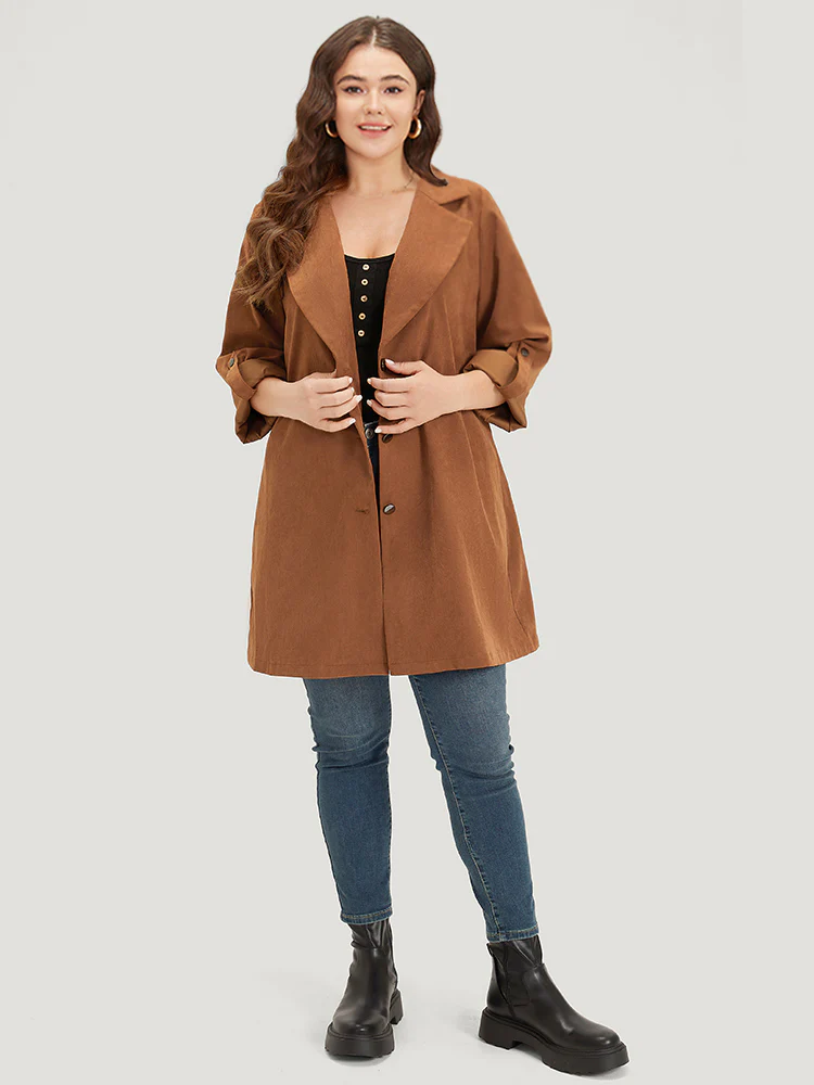 Plain Corduroy Belted Bowknot Roll Tab Sleeve Coat - Image 4