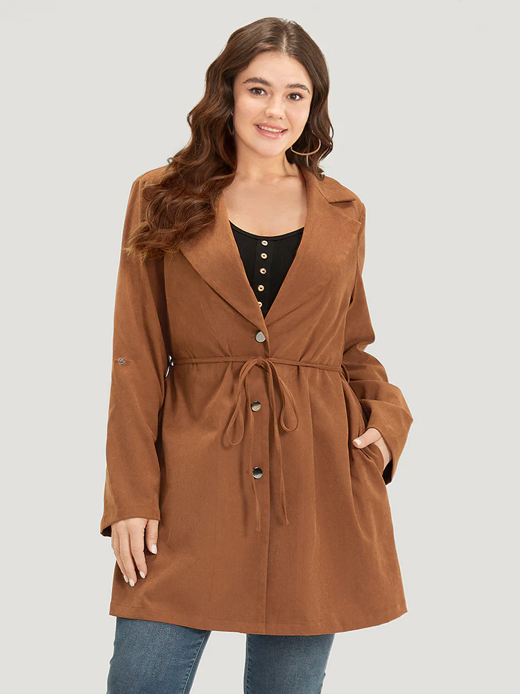 Plain Corduroy Belted Bowknot Roll Tab Sleeve Coat - Image 5
