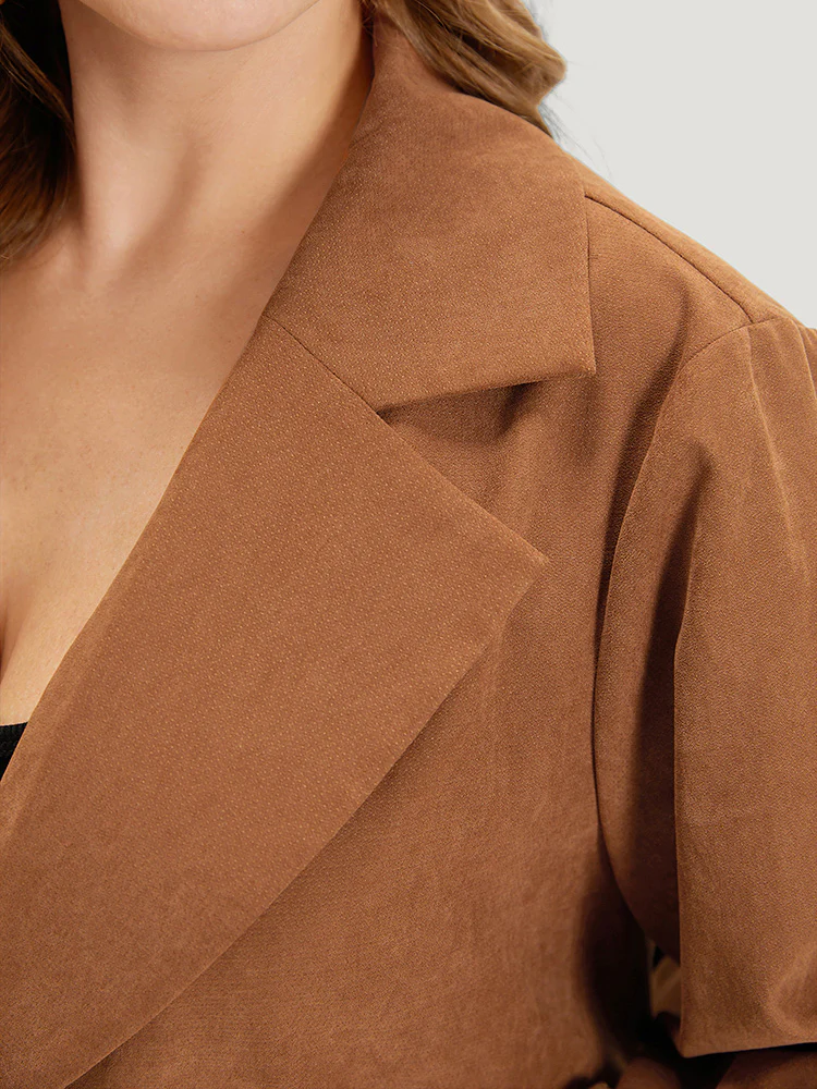 Plain Corduroy Belted Bowknot Roll Tab Sleeve Coat - Image 6