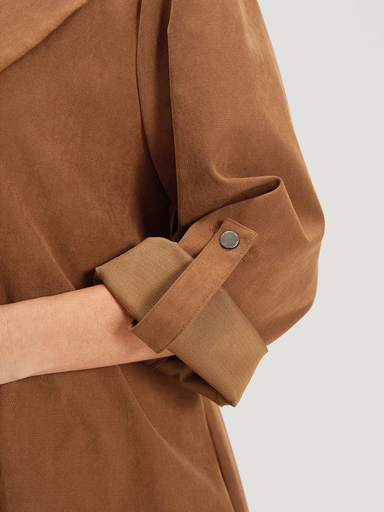 Plain Corduroy Belted Bowknot Roll Tab Sleeve Coat - Image 7