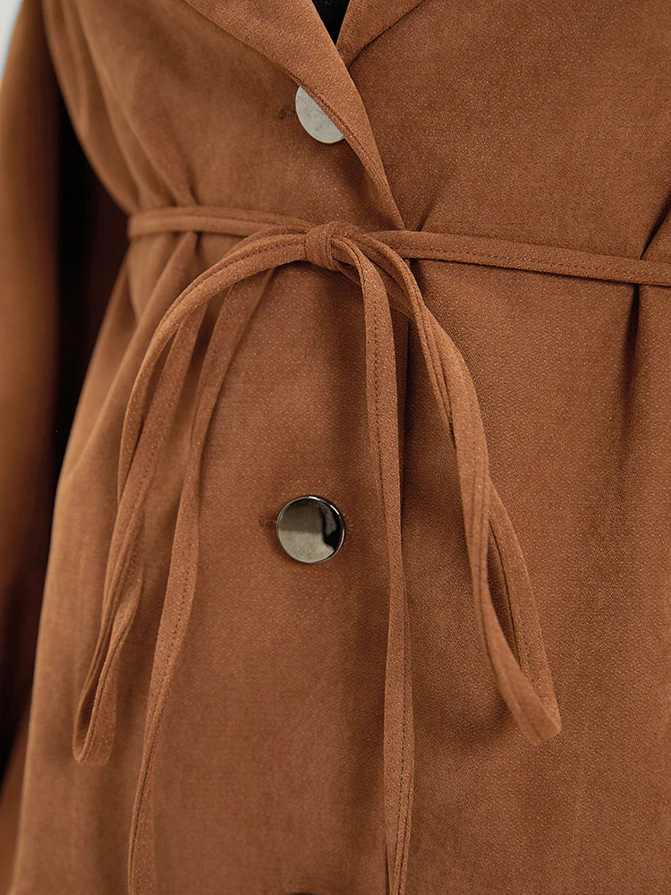 Plain Corduroy Belted Bowknot Roll Tab Sleeve Coat - Image 8