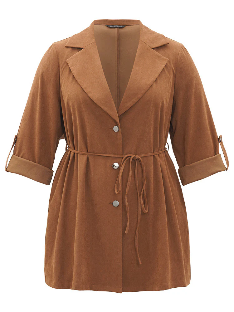 Plain Corduroy Belted Bowknot Roll Tab Sleeve Coat - Image 9