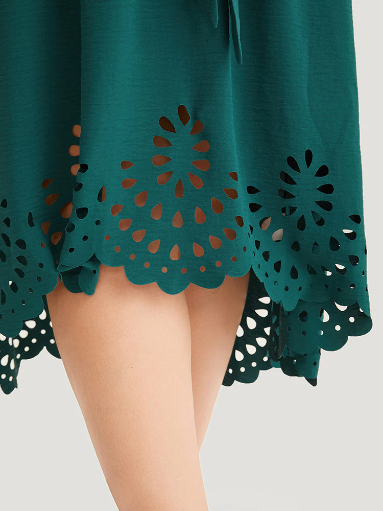 Plain Belted Laser Cut High Low Hem Dress - Image 10
