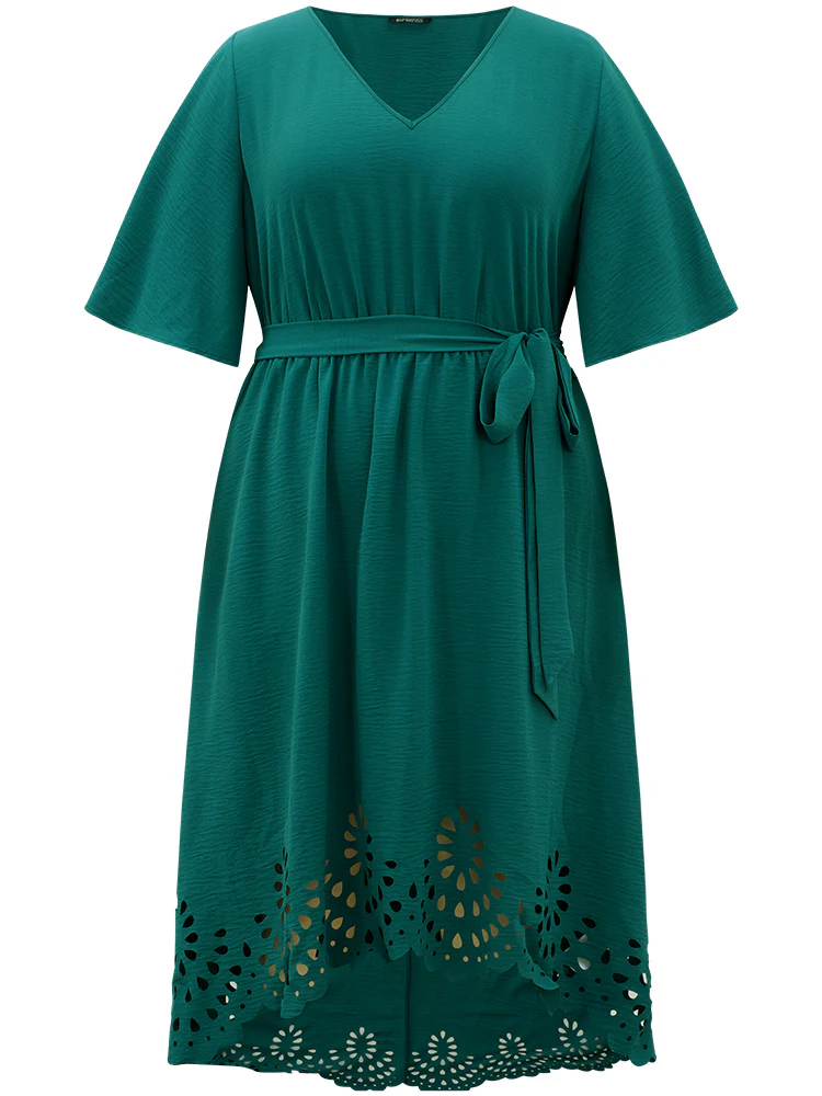 Plain Belted Laser Cut High Low Hem Dress - Image 11