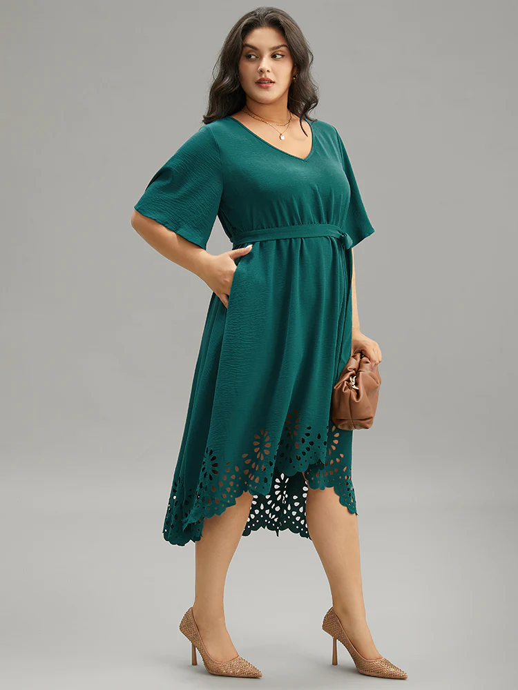 Plain Belted Laser Cut High Low Hem Dress - Image 2
