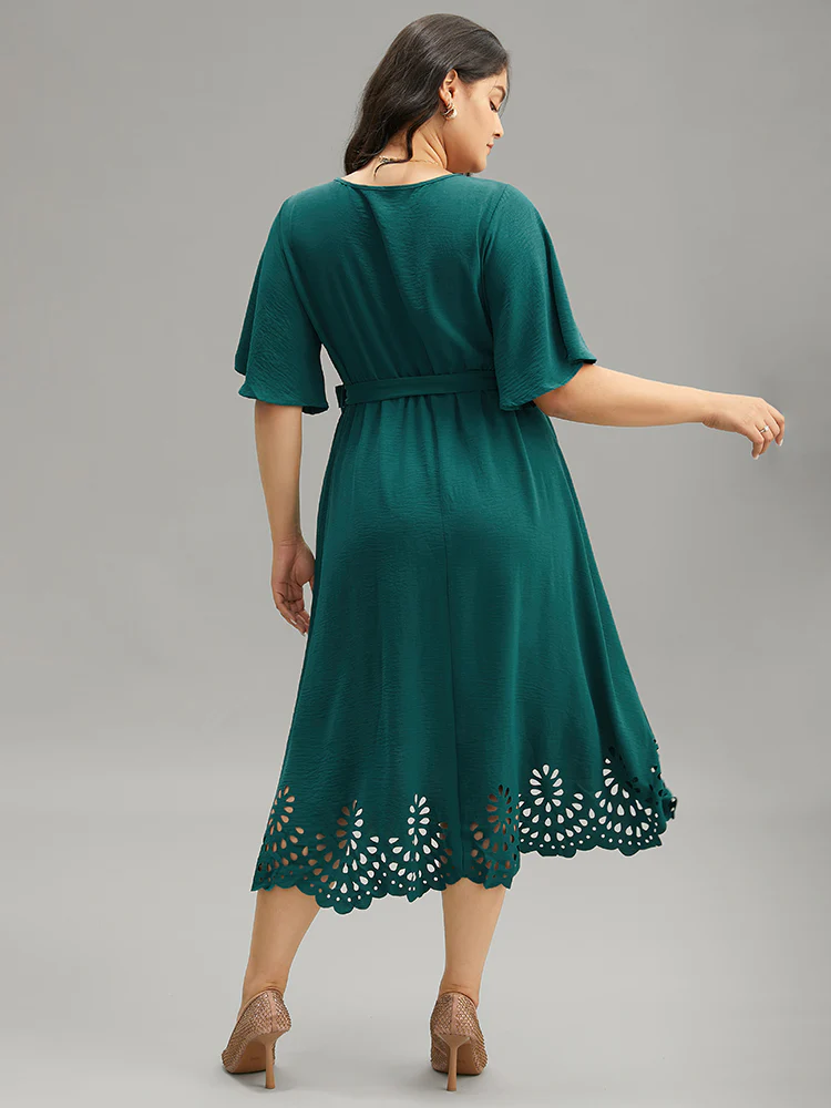 Plain Belted Laser Cut High Low Hem Dress - Image 3