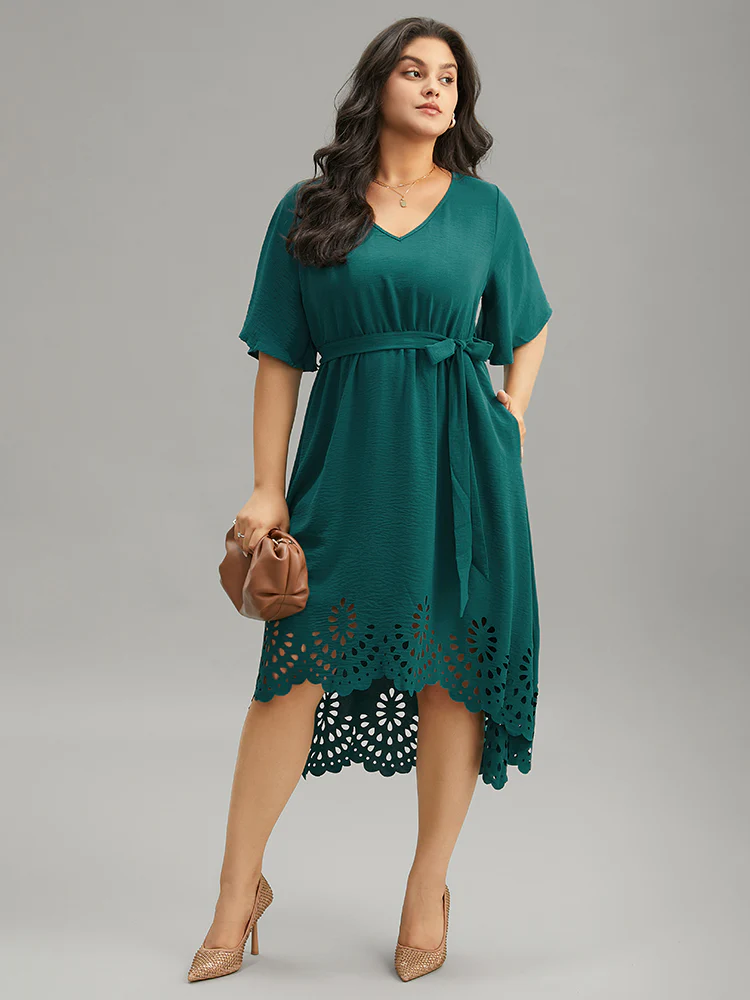 Plain Belted Laser Cut High Low Hem Dress - Image 4