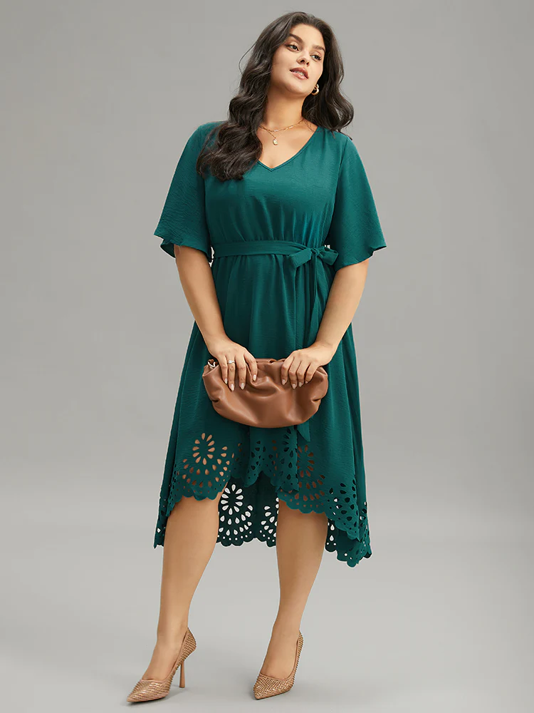 Plain Belted Laser Cut High Low Hem Dress - Image 5