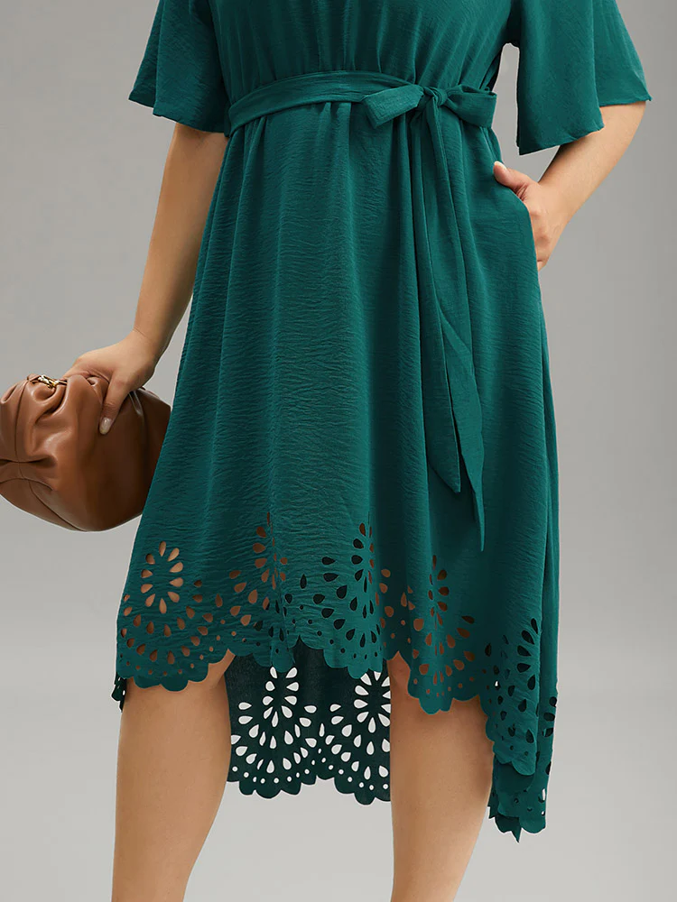 Plain Belted Laser Cut High Low Hem Dress - Image 6