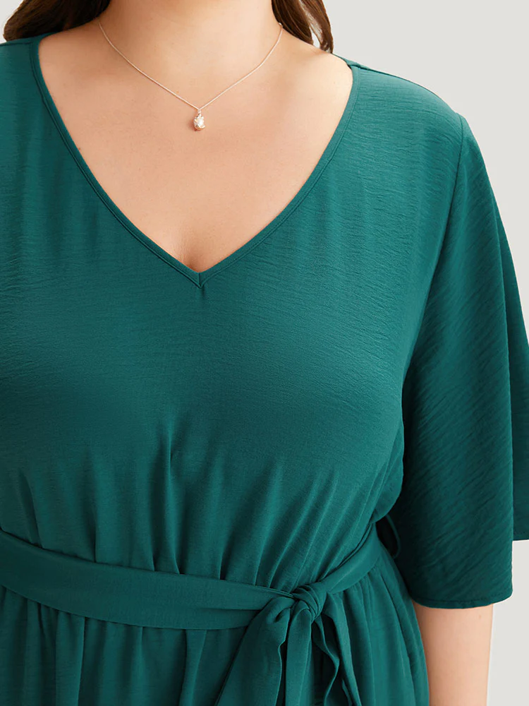Plain Belted Laser Cut High Low Hem Dress - Image 7