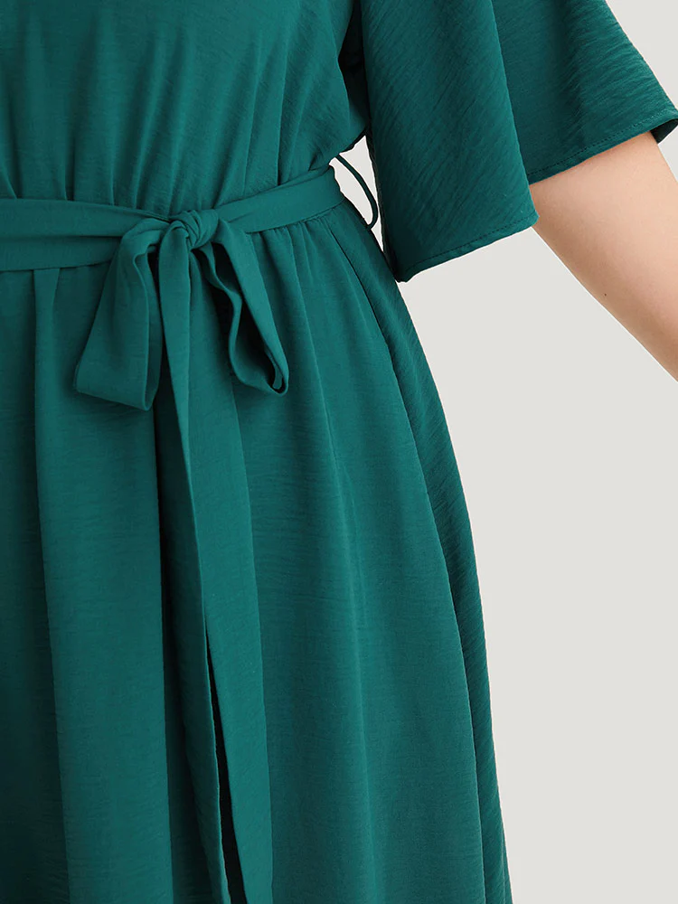 Plain Belted Laser Cut High Low Hem Dress - Image 8