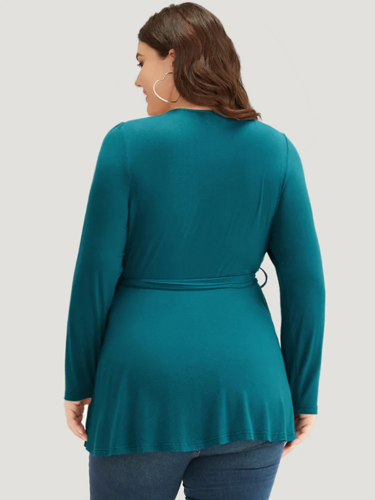 Plain Belted Ruffle Hem Wrap T-shirt - Image 2