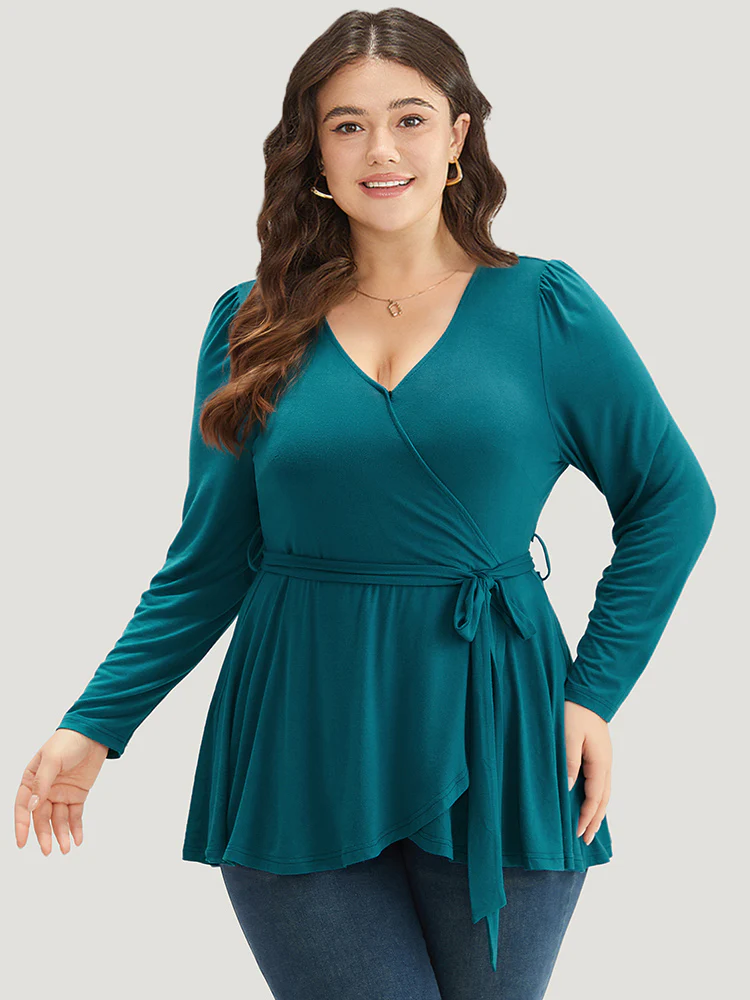 Plain Belted Ruffle Hem Wrap T-shirt - Image 3