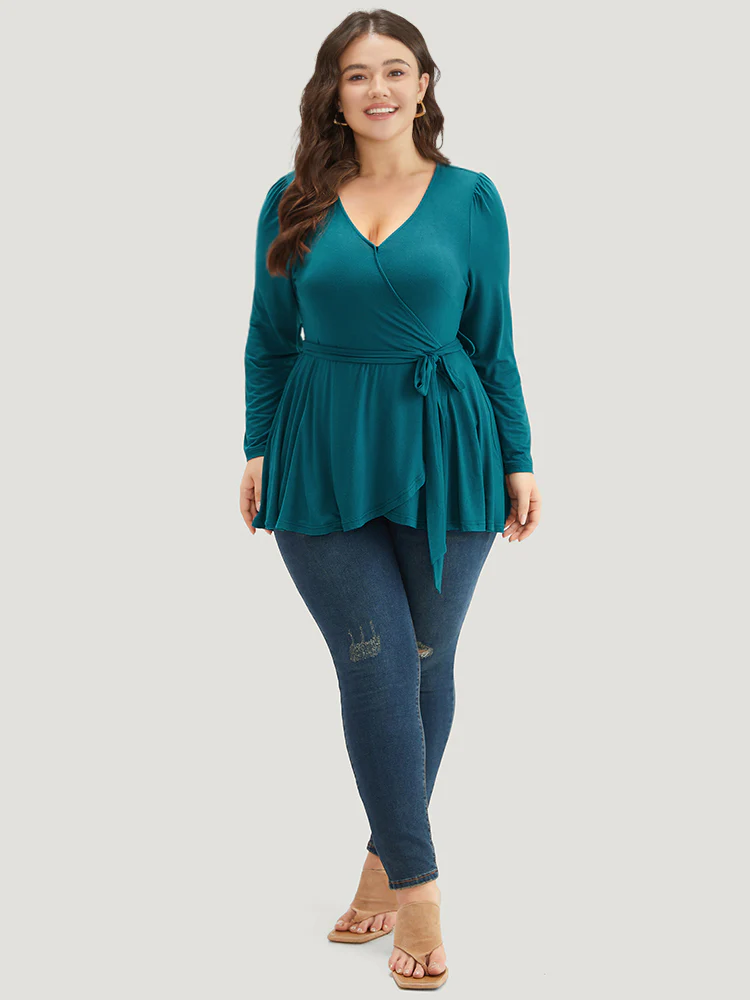 Plain Belted Ruffle Hem Wrap T-shirt - Image 4