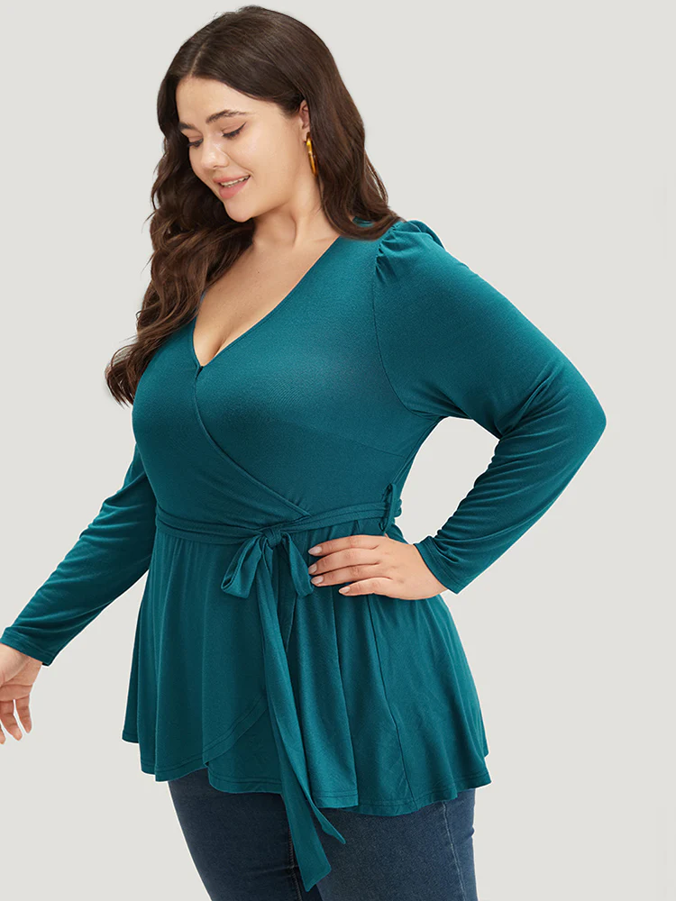 Plain Belted Ruffle Hem Wrap T-shirt - Image 5