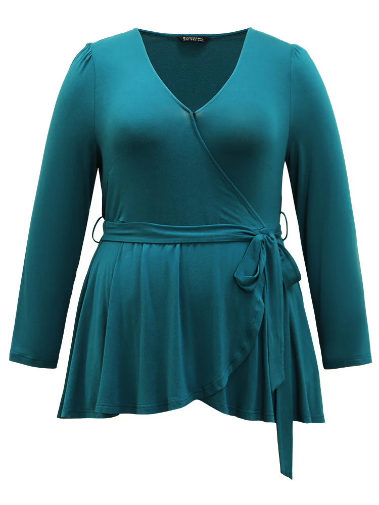 Plain Belted Ruffle Hem Wrap T-shirt - Image 9