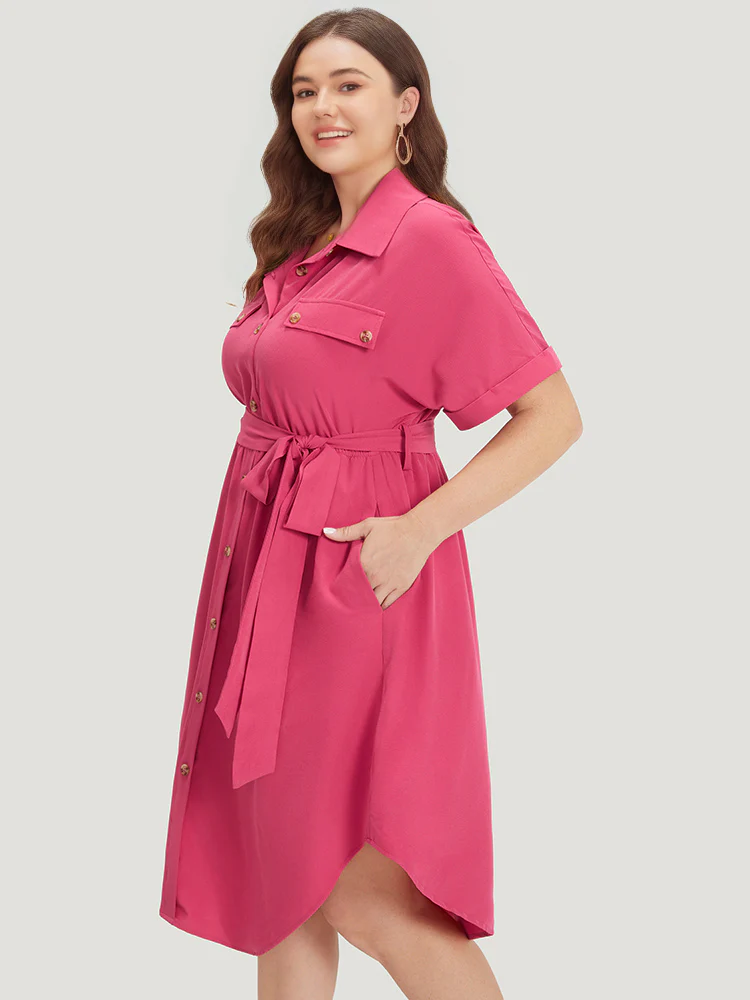 Plain Belted Shirt Collar Arc Hem Roll Batwing Sleeve Dress - Image 2