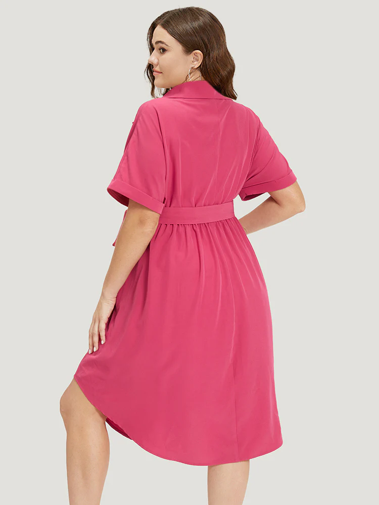 Plain Belted Shirt Collar Arc Hem Roll Batwing Sleeve Dress - Image 3