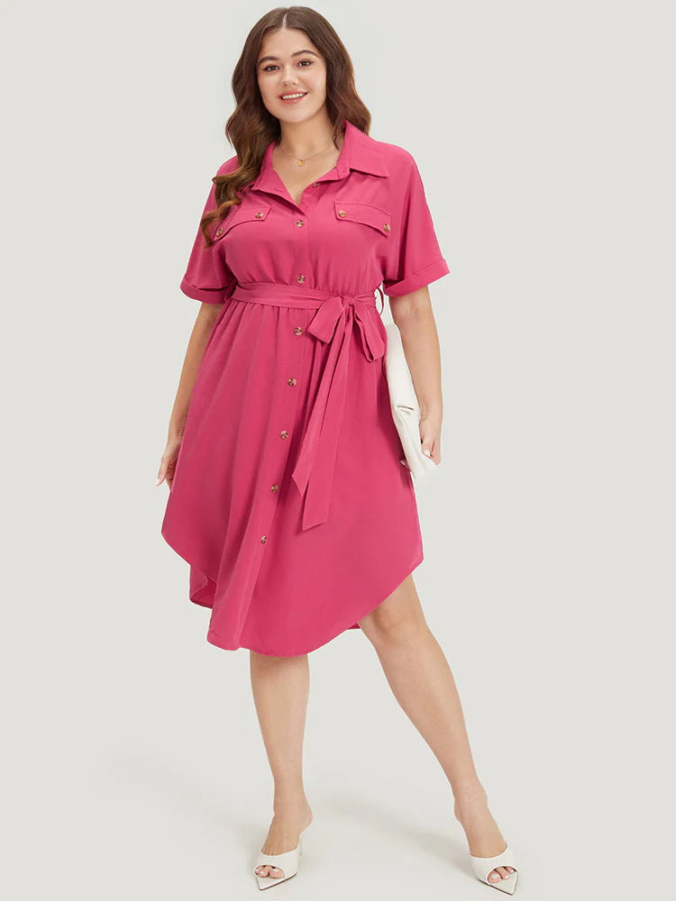 Plain Belted Shirt Collar Arc Hem Roll Batwing Sleeve Dress - Image 4