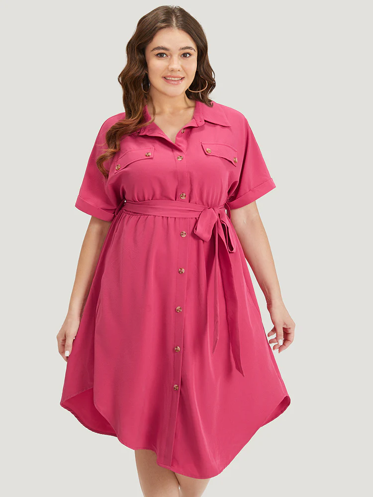 Plain Belted Shirt Collar Arc Hem Roll Batwing Sleeve Dress - Image 5