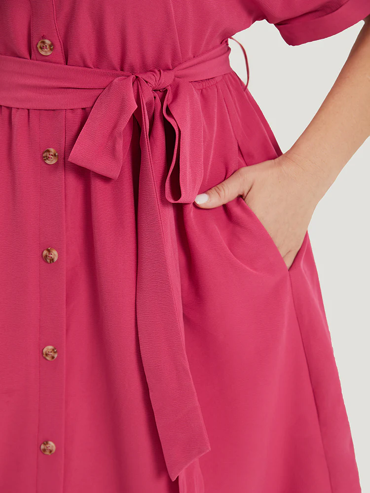 Plain Belted Shirt Collar Arc Hem Roll Batwing Sleeve Dress - Image 8