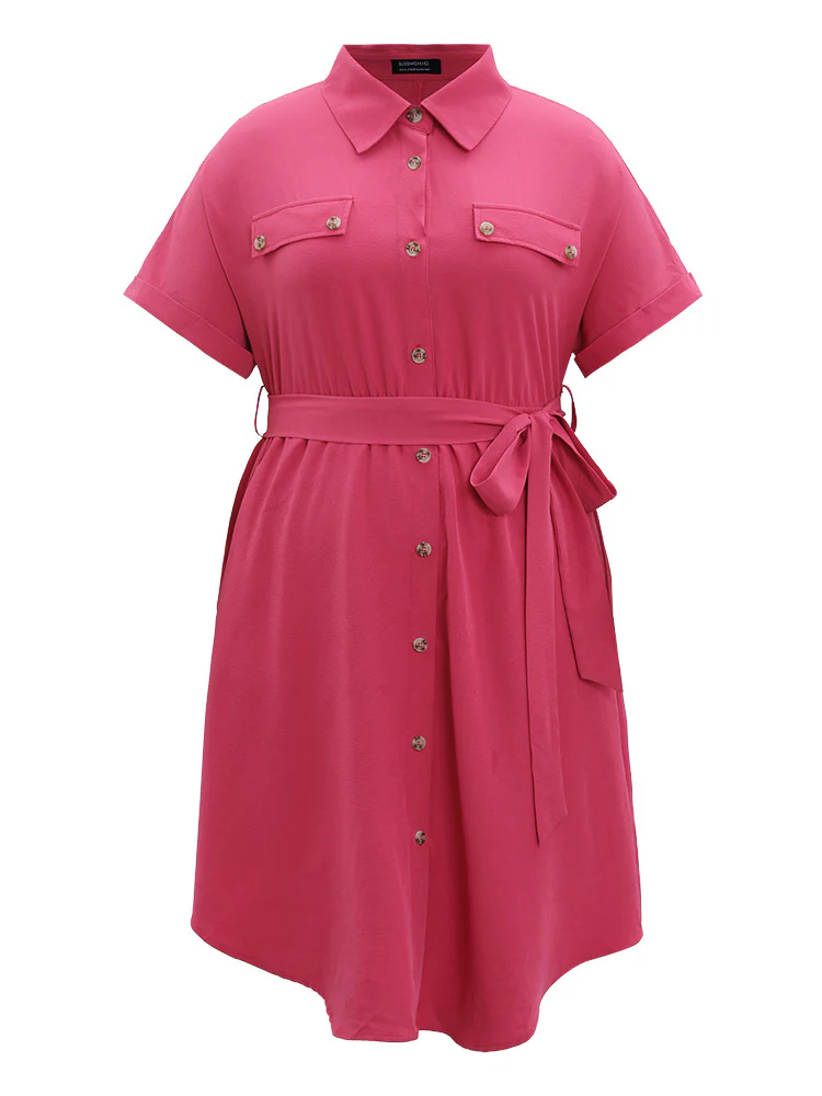 Plain Belted Shirt Collar Arc Hem Roll Batwing Sleeve Dress - Image 9