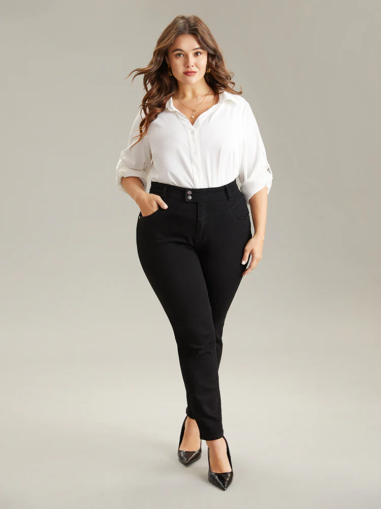 Plain Black Wash Button Through Jeans - Image 2
