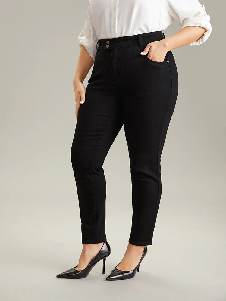 Plain Black Wash Button Through Jeans - Image 3