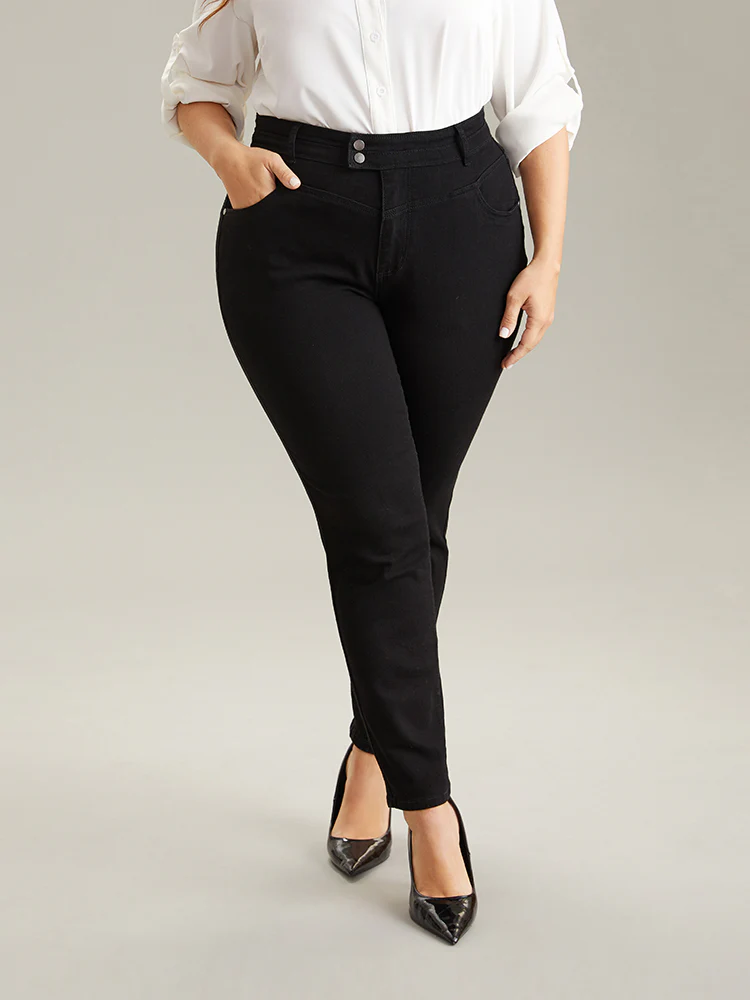 Plain Black Wash Button Through Jeans - Image 4
