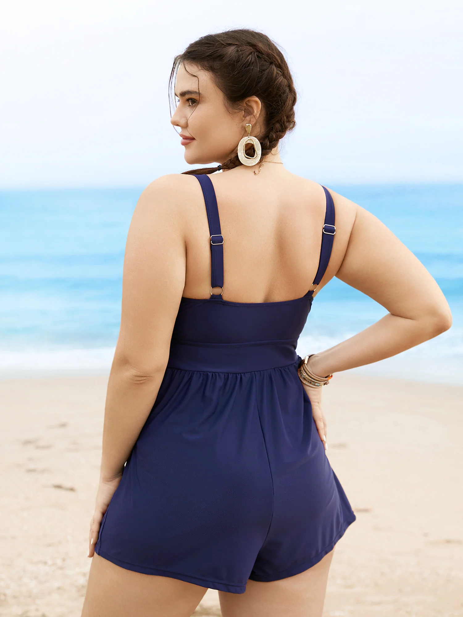 Plain Bowknot Pocket Gathered One Piece Swimsuit - Image 17