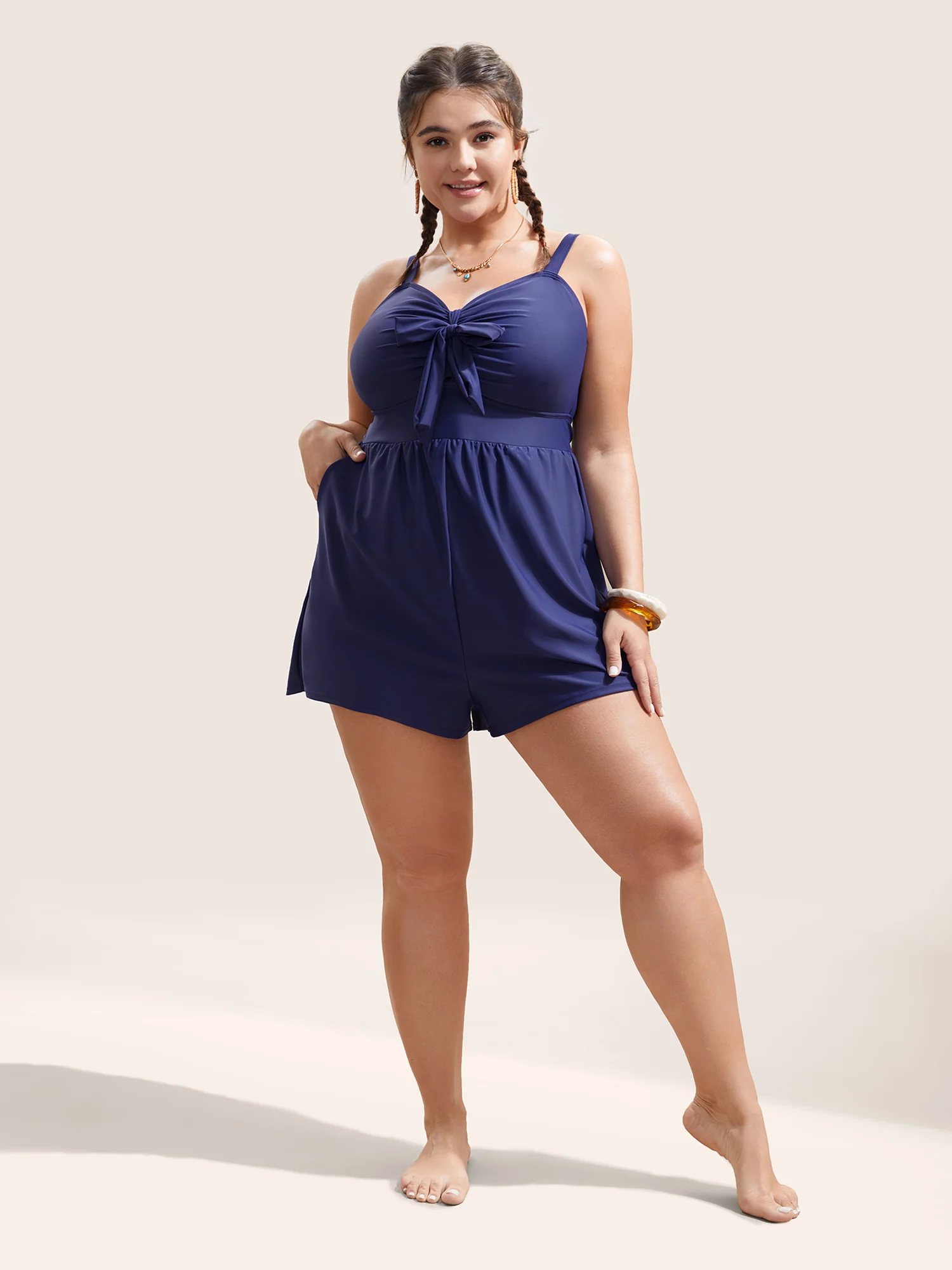 Plain Bowknot Pocket Gathered One Piece Swimsuit - Image 18
