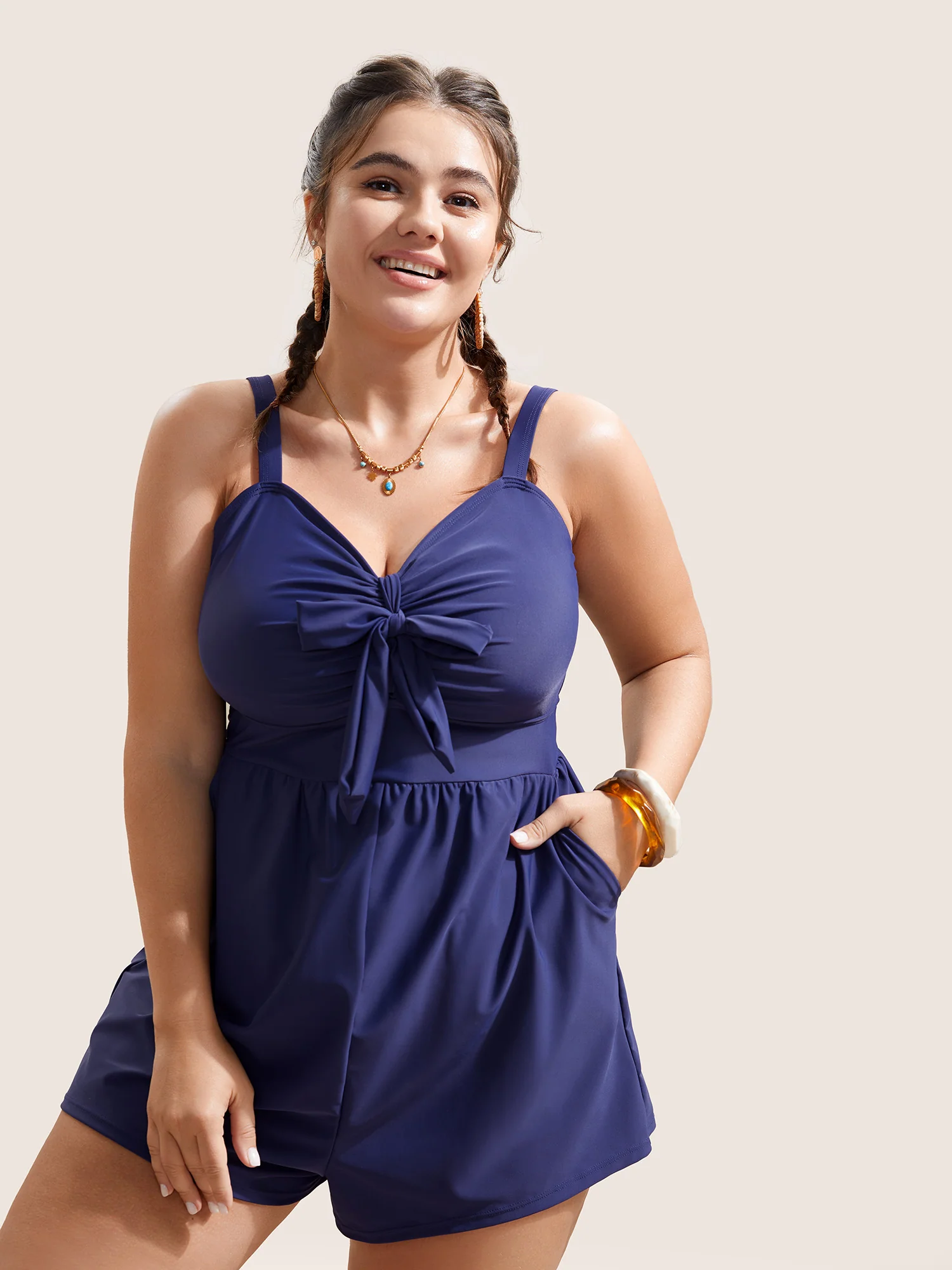 Plain Bowknot Pocket Gathered One Piece Swimsuit - Image 20