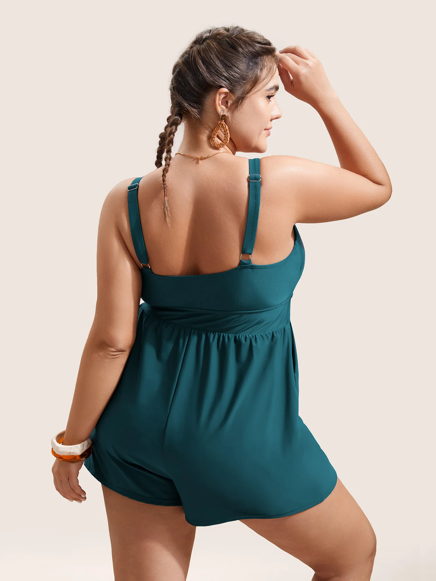 Plain Bowknot Pocket Gathered One Piece Swimsuit - Image 3