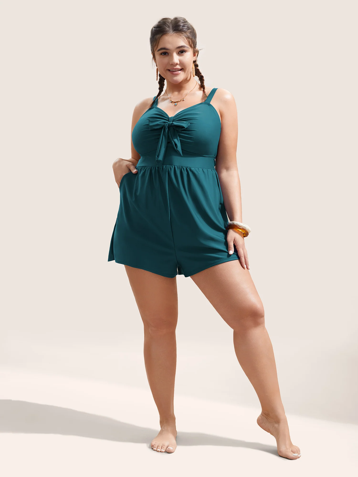 Plain Bowknot Pocket Gathered One Piece Swimsuit - Image 4