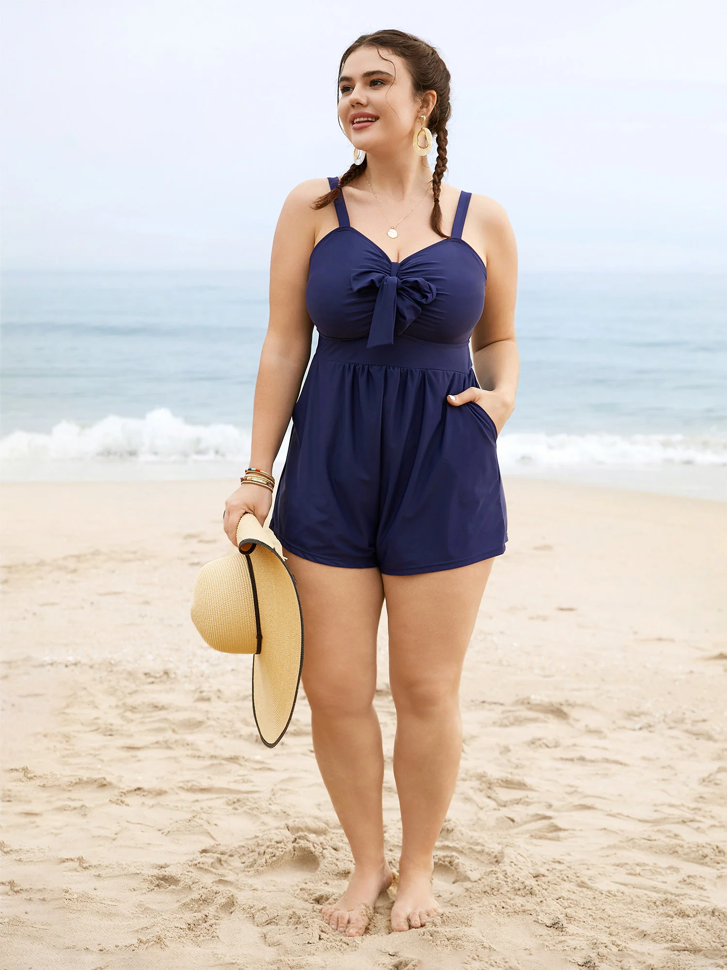 Plain Bowknot Pocket Gathered One Piece Swimsuit - Image 7