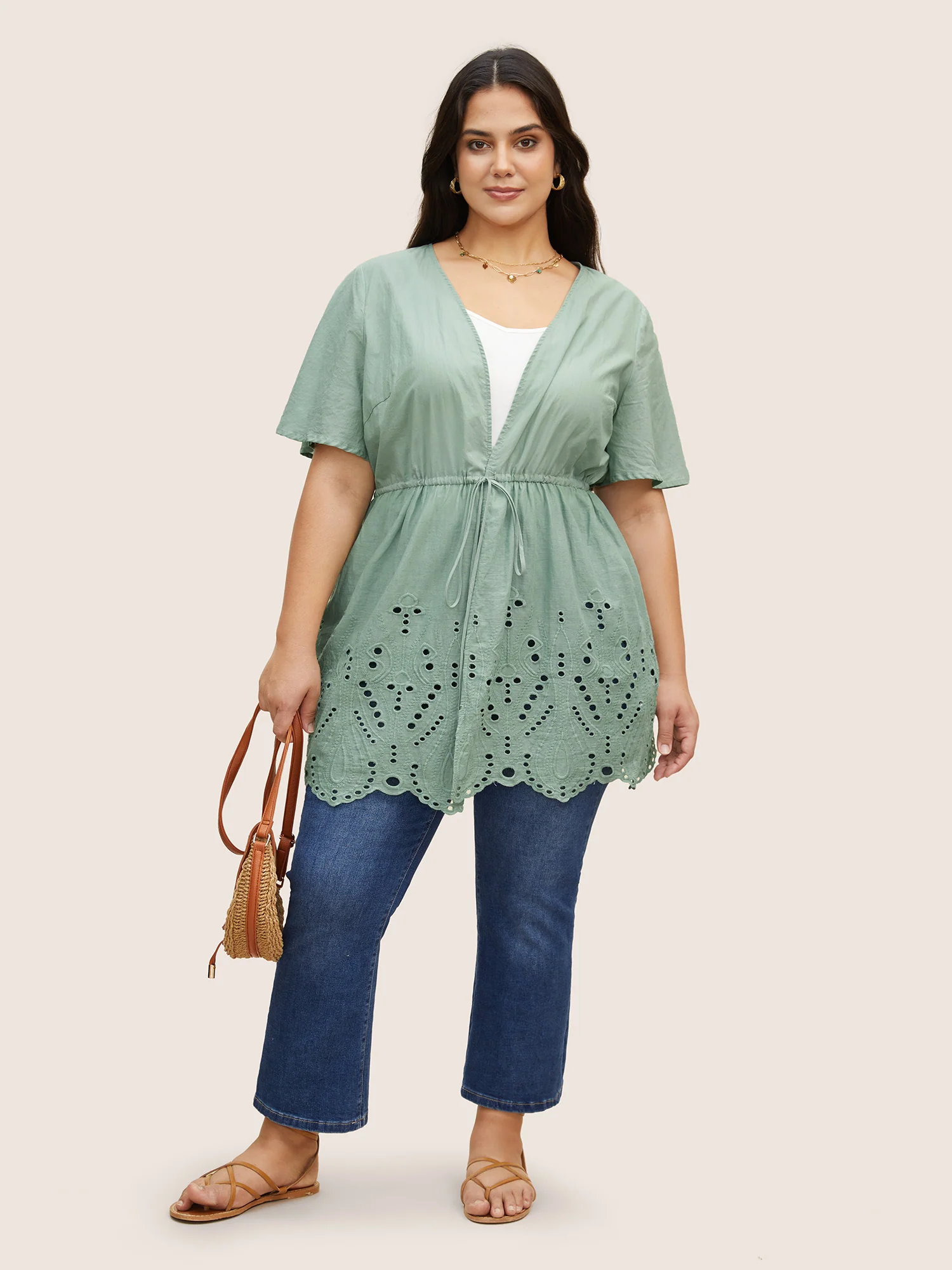 Plain Broderie Anglaise Drawstring Kimono - Image 2