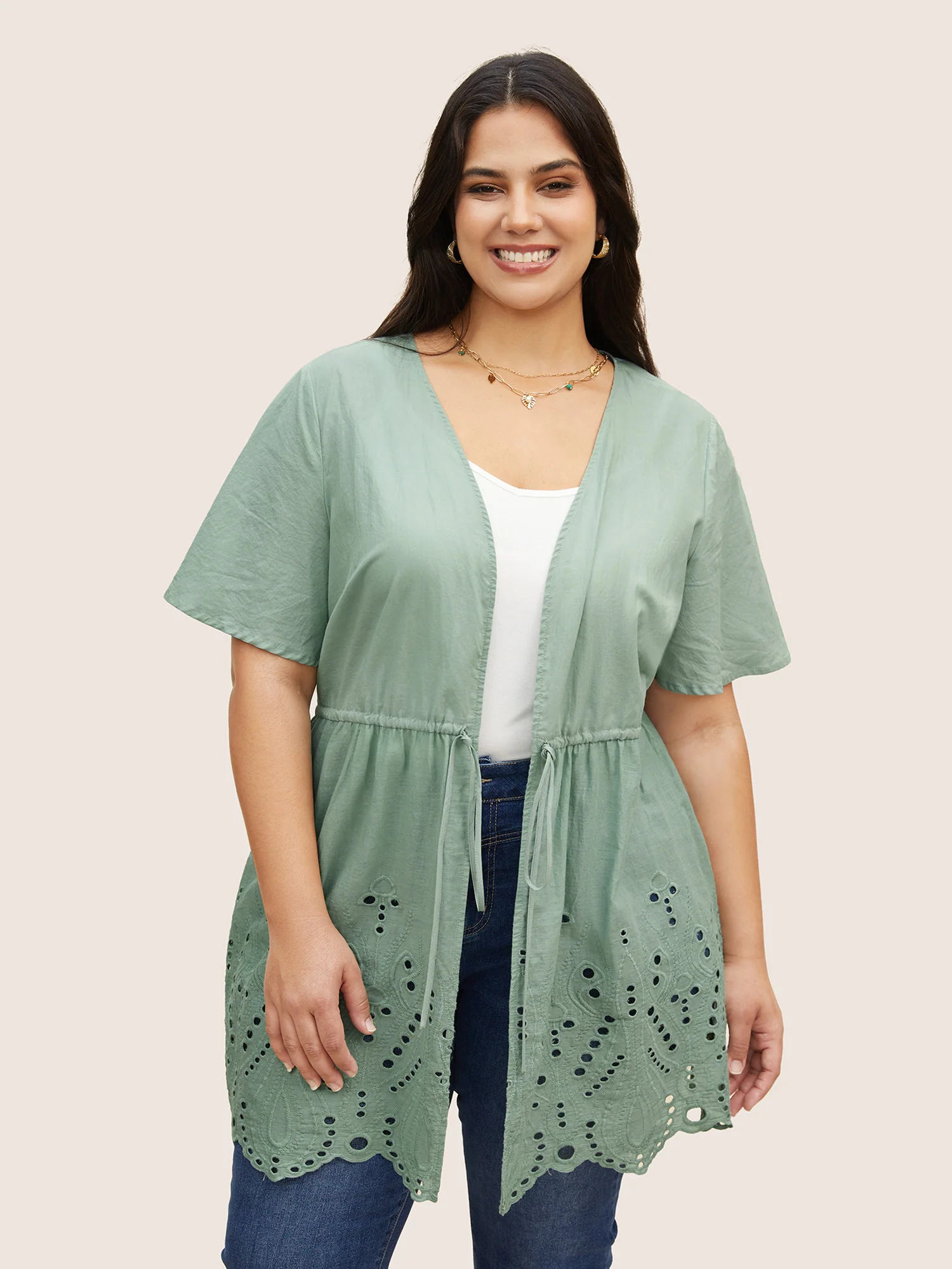 Plain Broderie Anglaise Drawstring Kimono - Image 3