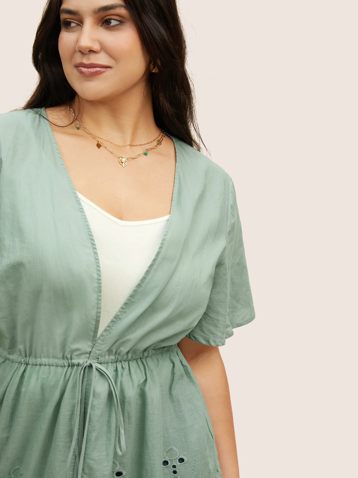 Plain Broderie Anglaise Drawstring Kimono - Image 5