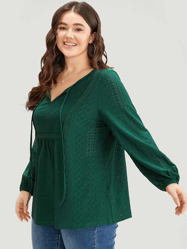 Plain Broderie Anglaise Knot Neck Lantern Sleeve T-shirt - Image 3