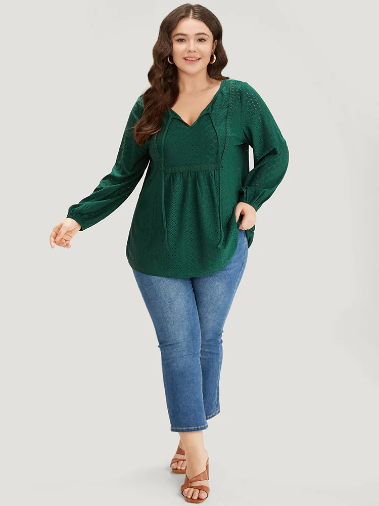 Plain Broderie Anglaise Knot Neck Lantern Sleeve T-shirt - Image 4