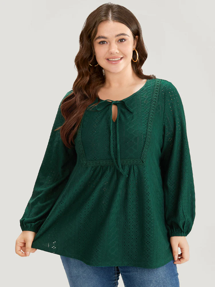 Plain Broderie Anglaise Knot Neck Lantern Sleeve T-shirt - Image 5
