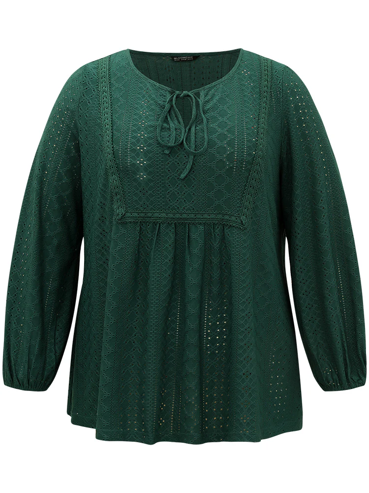 Plain Broderie Anglaise Knot Neck Lantern Sleeve T-shirt - Image 9