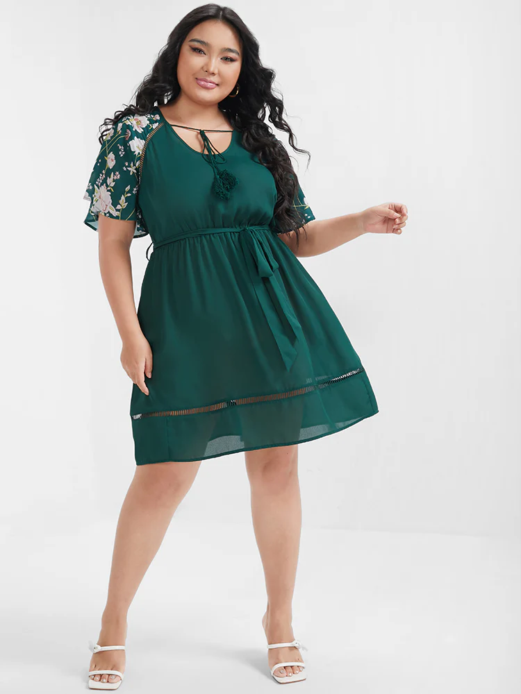 Plain Broderie Anglaise Ruffles Belted Ties Knee Dress - Image 2