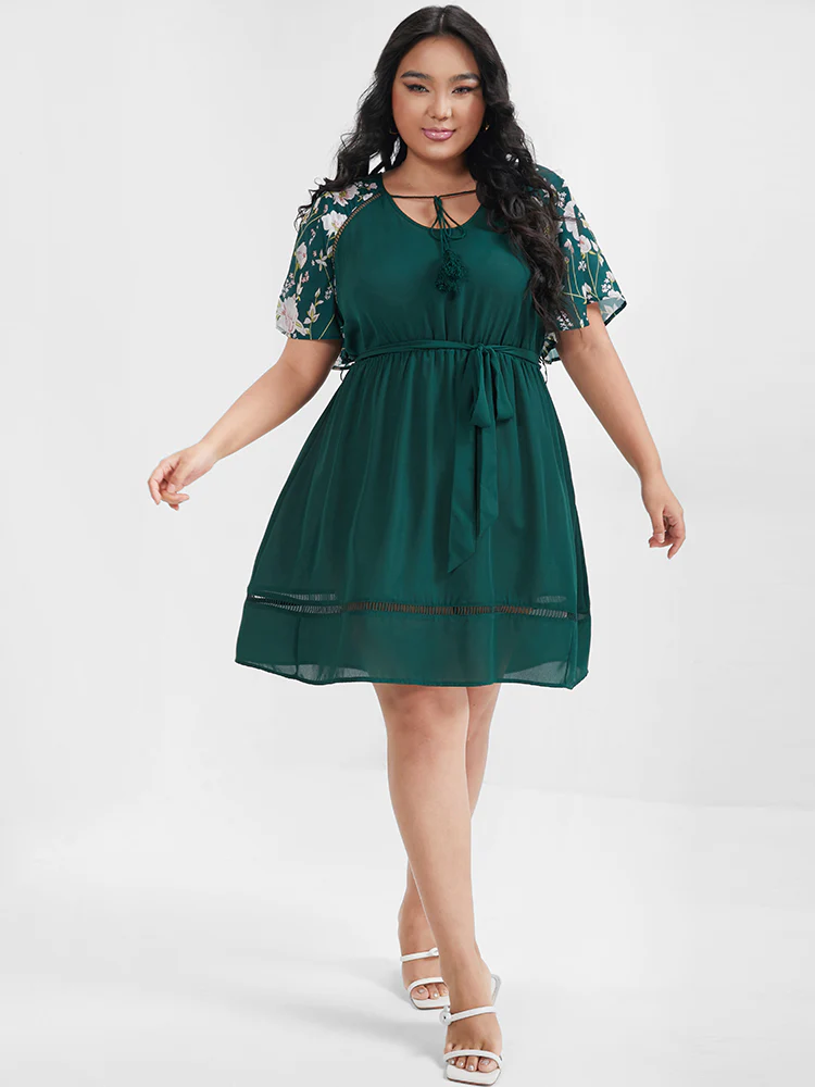 Plain Broderie Anglaise Ruffles Belted Ties Knee Dress - Image 3