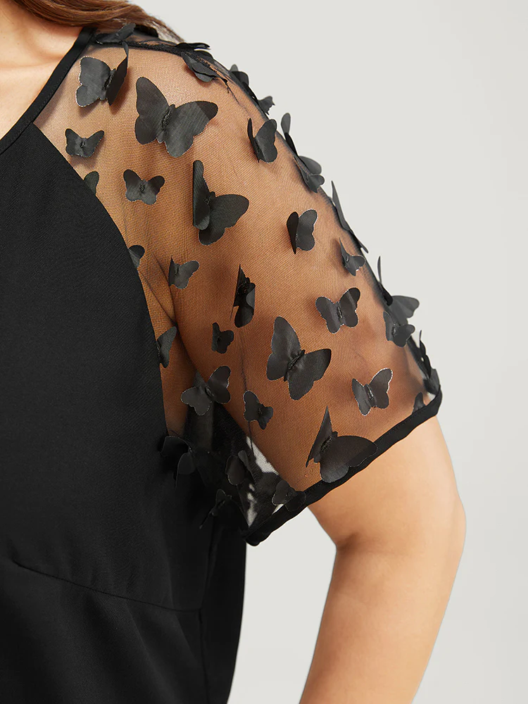 Plain Butterfly Appliques Mesh Raglan Sleeve Blouse - Image 2