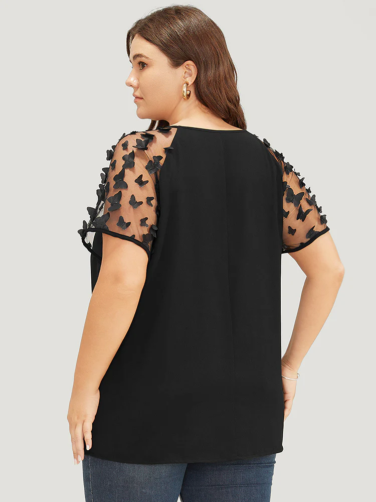Plain Butterfly Appliques Mesh Raglan Sleeve Blouse - Image 4