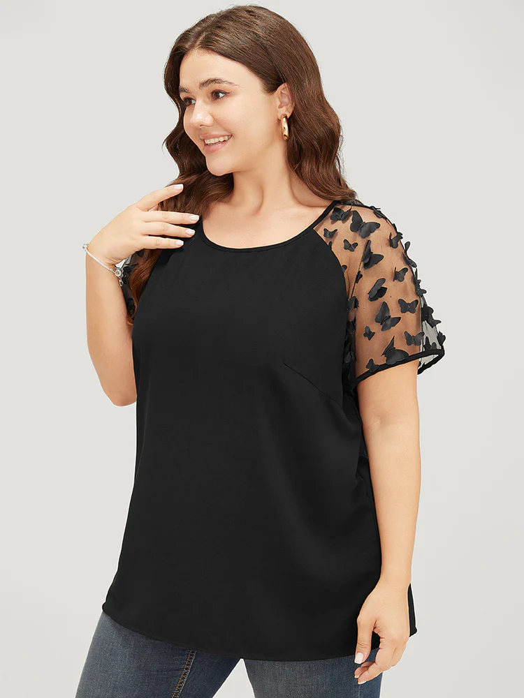 Plain Butterfly Appliques Mesh Raglan Sleeve Blouse - Image 5