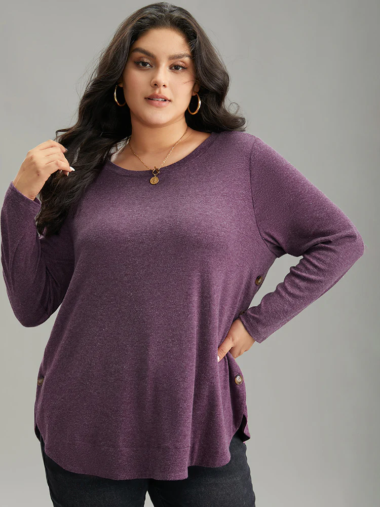 Plain Button Detail Curved Hem T-shirt - Image 2