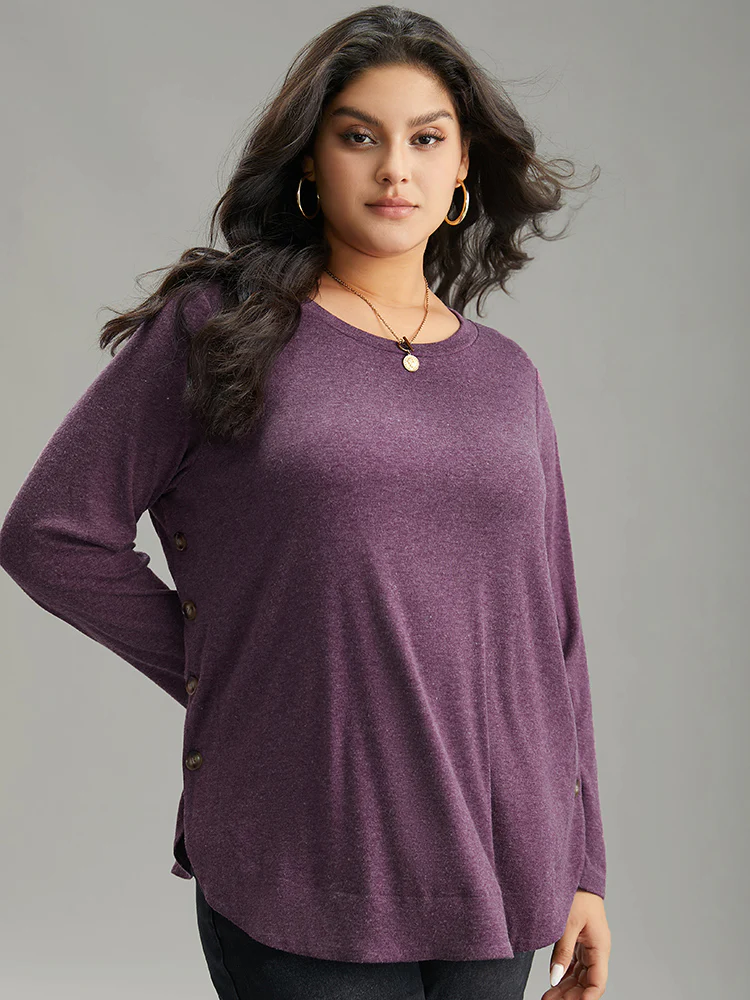 Plain Button Detail Curved Hem T-shirt - Image 3