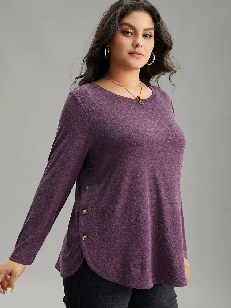 Plain Button Detail Curved Hem T-shirt - Image 5